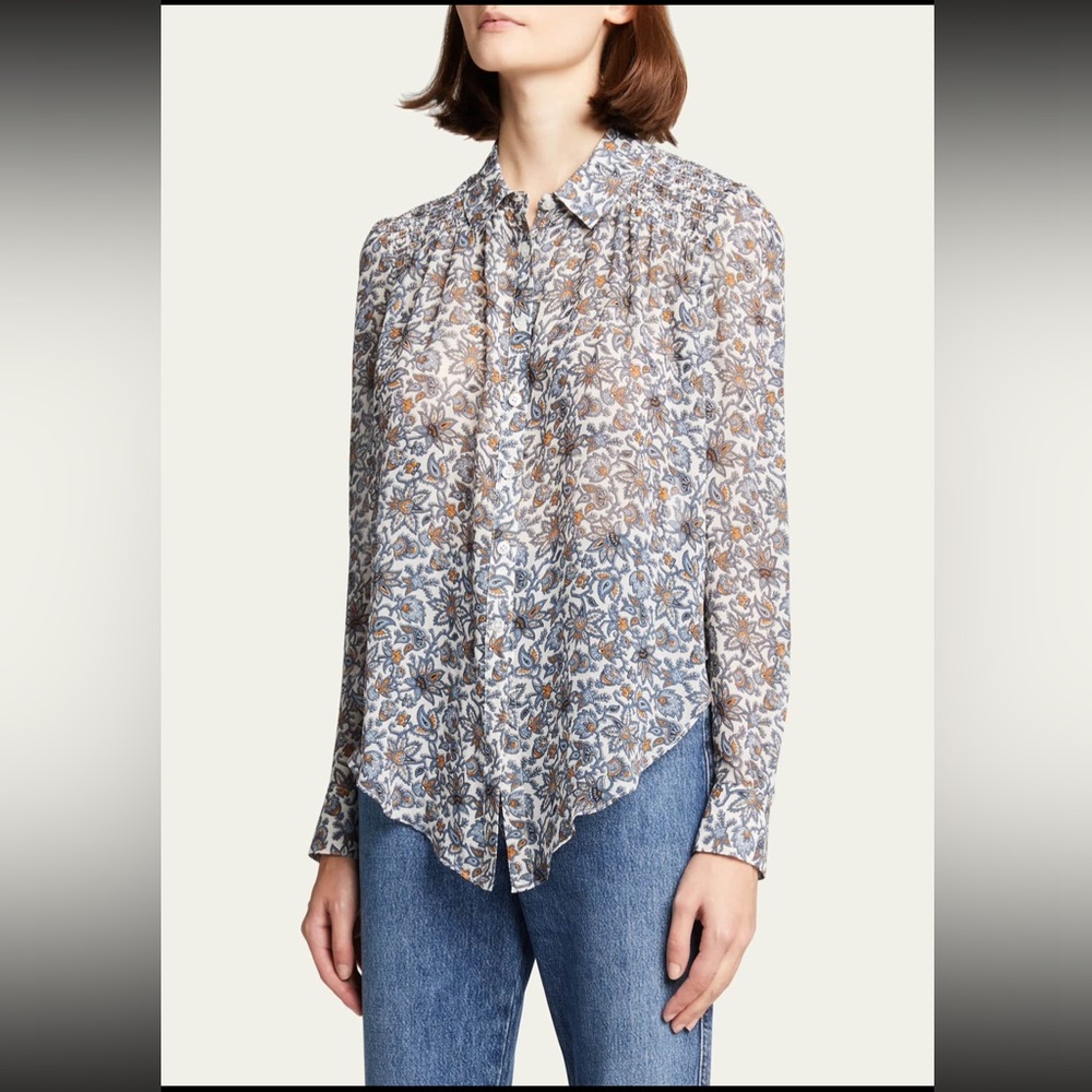 FLAWED Veronica Beard Silk‎ Dazed Floral Long Sleeve Sheer Blouse 4 Smocked